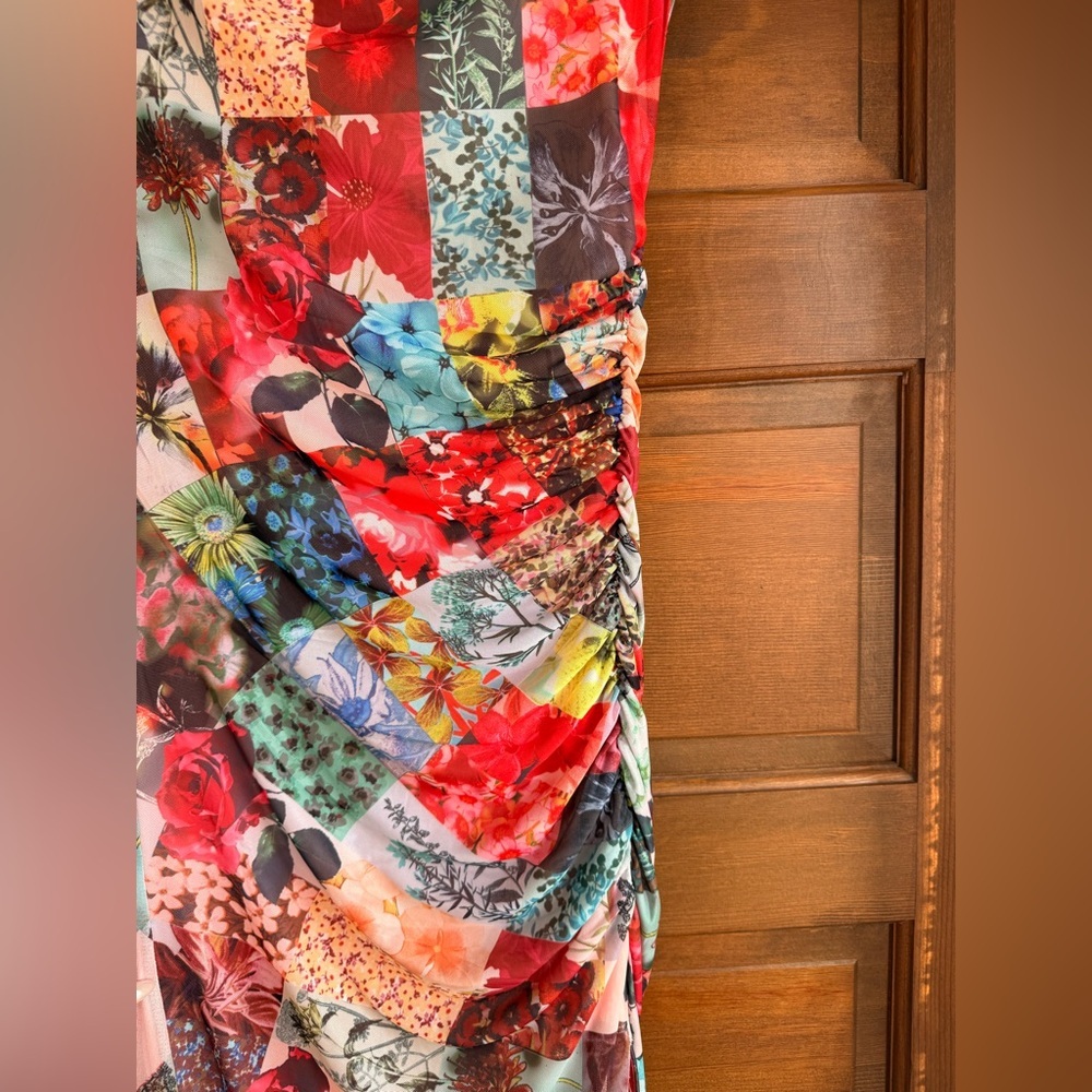 Anthropologie The Maya Ruched Cowl-Neck Mesh Dress in Red Pattern - Picture 5 of 8